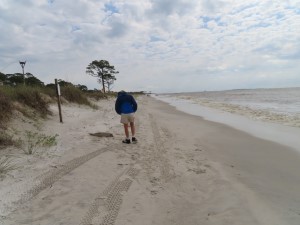 Kert looking at a dead fish on the shore of the Bird sanctuary on Dauphin Island, Alabama.