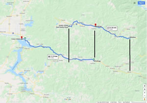 Map drive from Coeur d’Alene to Kellogg and then back to Coeur d’Alene (73.7 miles).  With our 64.4 mile bike ride from Kellogg to Mullan to Dudley and then back to Kellogg superimposed over drive route map.  