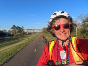 Ted with his rental bike on Mississippi River trail slightly west of Audubon Park in New Orleans.