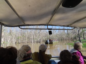 Photo from our boat looking at our second boat on the Honey Island Swamp tour in Slidell, Louisiana.