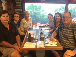 Ted with Gloria and Olympia Stagnones at Numam's Lobster hut in Cape Porpoise, Maine. 