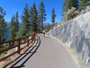 Cyclist on Tahoe East shore bike trial.
