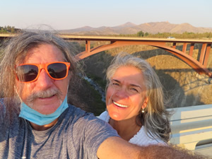 Marty and Ted walking over the original Crooked river bridge (1926) with the newer (2000) highway 97 crooked river bridge in the background.