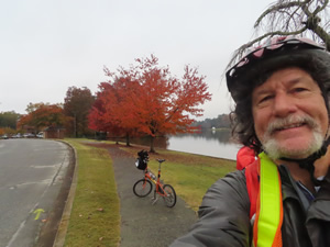 Ted with his bike on a Furman University trail near the Swamp Rabbit Trail.