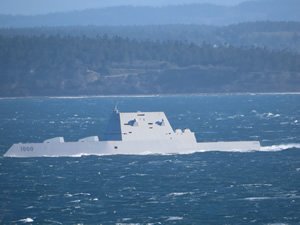 Navy ship “USS Zumwalt” seen from Fort Worden Historic area.
