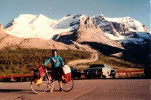 Ted in the parking lot across the road from Columbia Ice fields. Notice the full moon over the mountain.