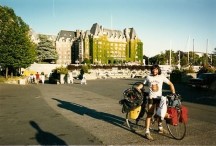 Ted on his bike with the Express motel in the background. This is in Victoria, BC on Vancouver Island.
