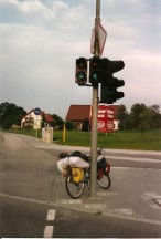A light to indicate that it is OK to bike across the intersection. Notice that there is separate light for pedestrians and another one for bikes.