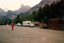 A car getting off the auto transporter that goes through the mountain at Kandersteg, Switzerland.