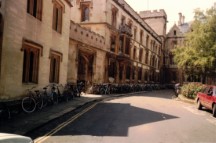 This is where everyone parks their bike before going onto the Oxford, England campus. Ted was supposed to park his bike here, but he did not realize that no bikes were allowed on campus.