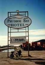 Ted's bike in front of Deadhorse, Alaska hotel at Prudhoe Bay.