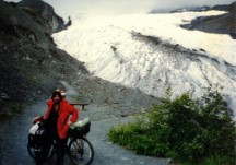 Ted and his bike in front of Worthington glacier near Thompson Pass in the Chugach Mountains, Alaska.