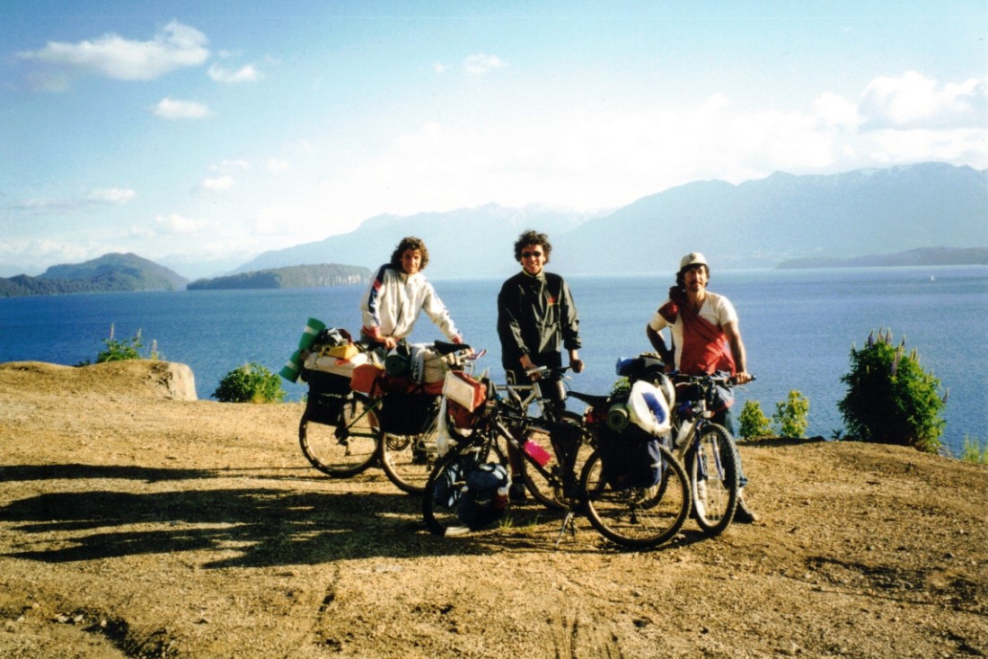 A group of bikers from Argentina near a lake north of Bariloche.