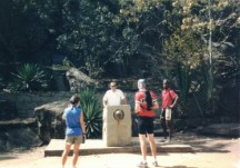 Gary giving a speech (pretend) at the monument of tin hats (MOTH) shrine.  The monument is for men that served in a war.  There is a pit with the ashes of the men that went to war at this site.