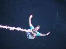 Ted near the bottom of his bungee jump off the bridge that separates Zimbabwe and Zambia. (Near Victoria Falls)