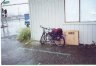 Ted's bike at bus stop in Crescent City, California ready to ride north.
