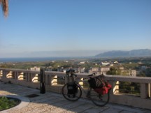 Ted's bike with view of ocean in background.