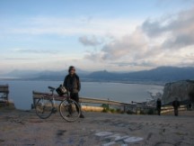 Palermo - Ted with his bike on hill overlooking Palermo - Statue di S. Rosalia