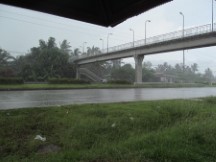 Waiting out the Monsoon at a bus shelter near the road in Thailand