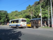 Typical view of vehicles near El Salvador highway.  Tour bus and truck full of cows.