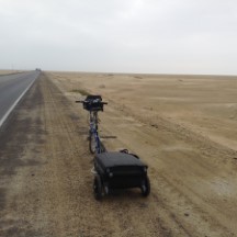 Ted’s bike in desert between Piura, Peru and Chiclayo, Peru.