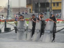 Police ready to protecting people in historic center of Lima, Peru.