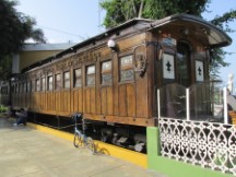 Ted’s bike in front of wooden train in Barranco district of Lima, Peru.  Ted thinks it was used as a restaurant.