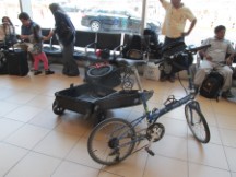 Ted’s bike at Lima, Peru airport, Ted is about to disassemble his bike and trailer to put into the suitcase for the flight back to Portland, Oregon.