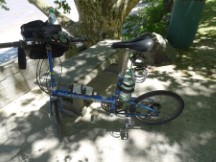 Ted’s bike with water bottle attached in Colonia, Uruguay. The bike is ready for a 2 day trip without Ted’s trailer.