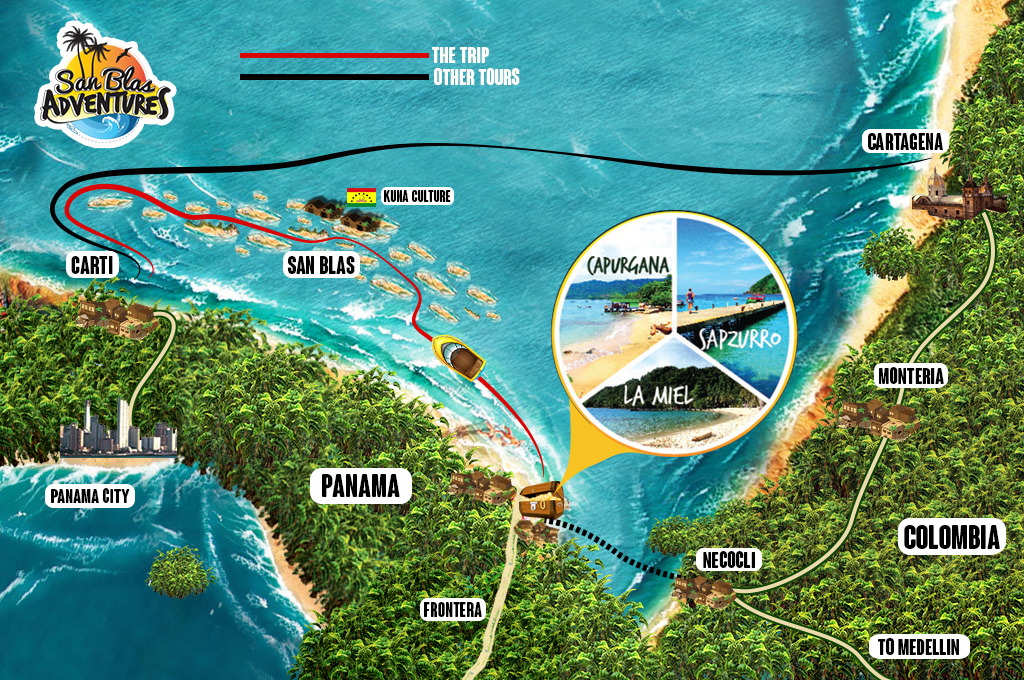 This is the map from the company I used to travel from Carti, Panama to Sapzurro, Colombia. (see http://sanblasadventures.com/)