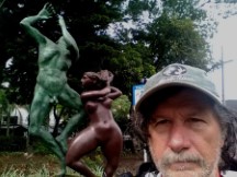 Ted in front of statue in park of Poblado neighborhood of Medellin, Colombia.