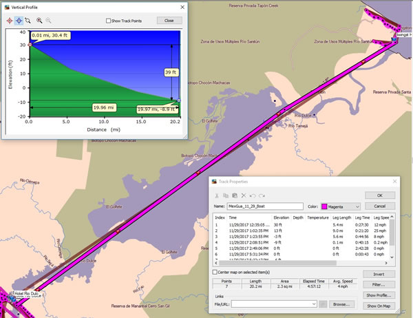 Day 18, Wednesday, November 29 and 30 2017 - Rio Dulce, Guatemala to Livingston, Guatemala - Garmin Mapsource screenshot with distances.