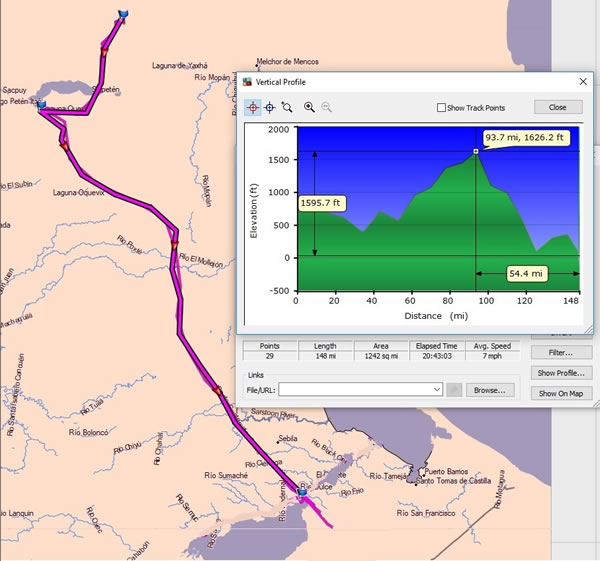 Day 18, Wednesday, November 29, 2017 - Tikal National Park, Guatemala to Rio Dulce, Guatemala - Garmin Mapsource screenshot with distances.