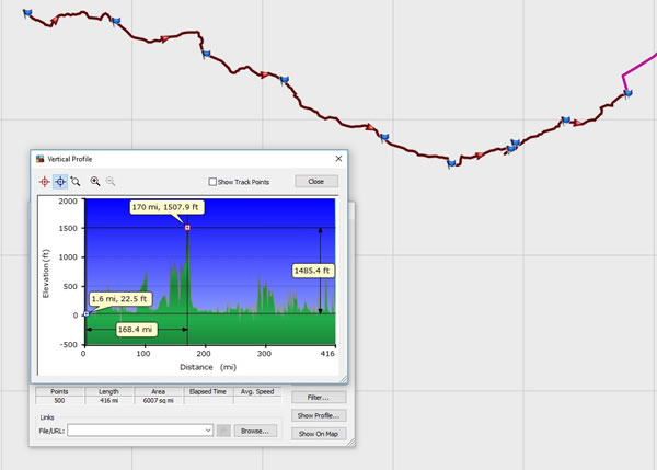 Cycle only part of trip – Acapulco, Mexico to Salina Cruz, Mexico - Garmin Mapsource screenshot with distances.