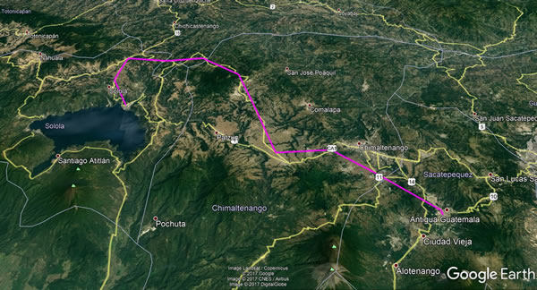 Day 13, Friday, November 24, 2017 - Panajachel, Guatemala to Antigua, Guatemala - Google earth screenshot.