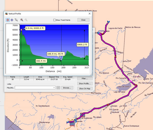 Day 15, Sunday, November 26, 2017 - Antigua, Guatemala to Guatemala City to bus to Santa Elena, Guatemala - Garmin Mapsource screenshot with distances.