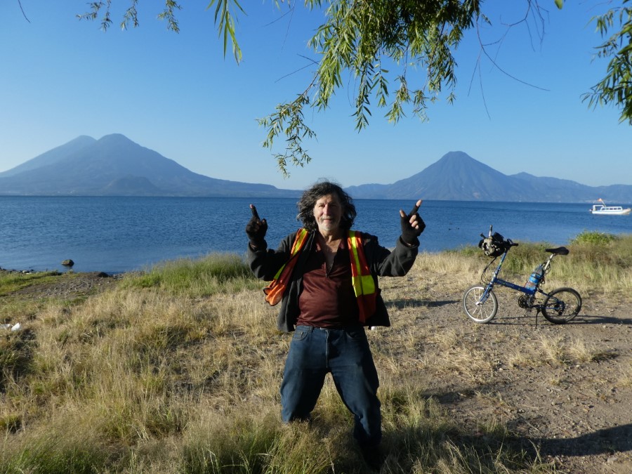 Ted with his bike at Lake Atitlan in Guatemala.