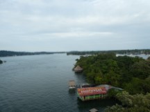 View of backpacker hotel seen from bridge near Rio Dulce, Guatemala.