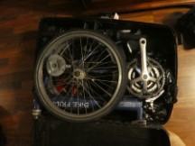 Ted’s bike packed in his Samsonite suit case for his flight back to Portland, Oregon.