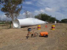 Ted’s bike near electrical wind turbine prop south of Rivas in Nicaragua.