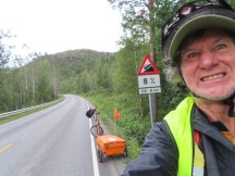 Ted about to start up what was probably the biggest hill climb of this Norwegian bike ride. If was not a continuous 8% grade, it was actually an easy ride. The hill topped out at about 1400 vertical feet.