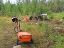 Ted’s bike on the road he needed to take to avoid riding on highway E4 near Töre, Sweden. Cycling is not allowed on E4 and would be dangerous (too much traffic and minimal shoulder).