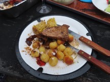 Pork and potatoes dinner campers feed to Ted at Sanabadets campground in Sweden.