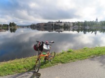 Ted’s bike across Baltic Sea inlet with view of Härnösand, Sweden in the background.