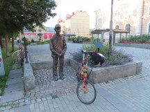Ted’s bike in front of Bosse Östlin's memorial statue in Hudiksvall, Sweden.