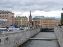 Canal next to the Parliament House seen from Stallbron bridge in Stockholm, Sweden.