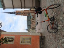 Ted’s bike with Riddarholmen Church seen behind it in Stockholm, Sweden.