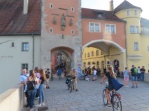 Entering the town of Regensburg, Germany on the old stone bridge.