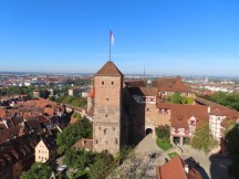 View of Imperial Castle looking out of Simwell Tower in Nuremberg, Germany.