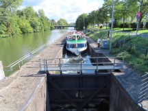 Boat in locks of Bamberg, Germany.